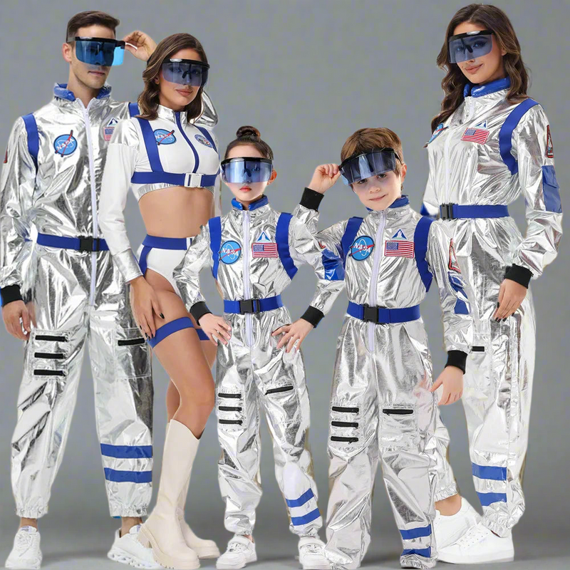 Halloween Stage Performance American Astronaut Cosplay Jumpsuit Silver Spaceman Costume Holiday Party Parent-Child Facy Dress