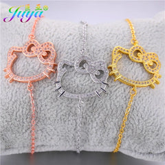 Juya New Design Women Christmas Gift Jewelry Micro Pave Zircon Floating Hello Cat Connector Charms Adjustable Chains Bracelets