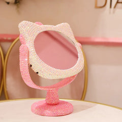 Sanrio Kitty Vanity Mirror Cartoon Shiny Rhinestones Beauty Handheld Mirror Diamond Pink Girls Flip Home Furnishing Girl Gift