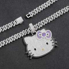 Hello Kitty Hip Hop Necklace Anime Pendant Ins Fashion Trendsetter Hip Hop Men and Women Zircon Powder Solid Necklace Cute Gift