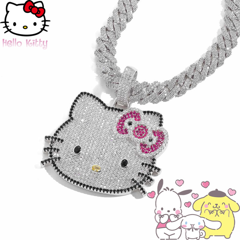 Hello Kitty Hip Hop Necklace Anime Pendant Ins Fashion Trendsetter Hip Hop Men and Women Zircon Powder Solid Necklace Cute Gift