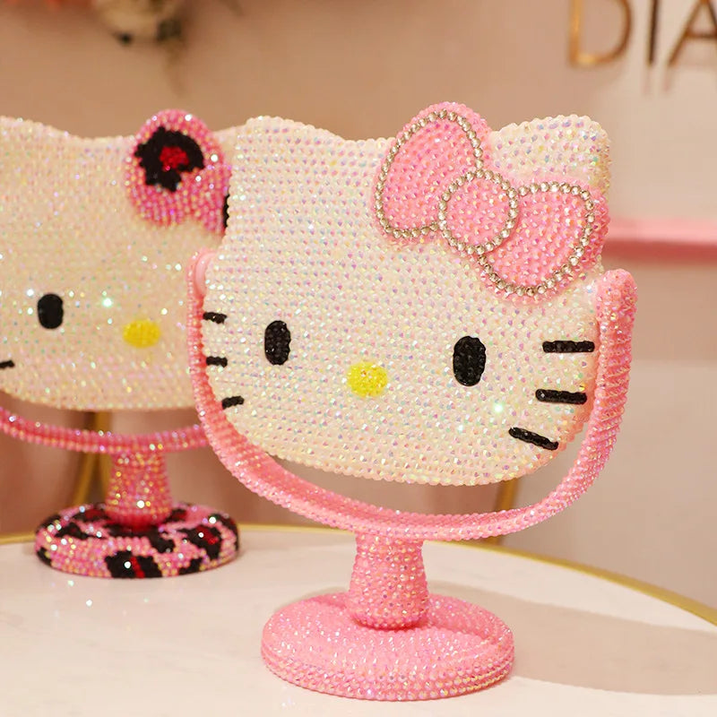 Sanrio Kitty Vanity Mirror Cartoon Shiny Rhinestones Beauty Handheld Mirror Diamond Pink Girls Flip Home Furnishing Girl Gift