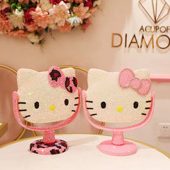 Sanrio Kitty Vanity Mirror Cartoon Shiny Rhinestones Beauty Handheld Mirror Diamond Pink Girls Flip Home Furnishing Girl Gift