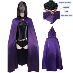 Teen Titans Raven Cosplay Costume Deluxe Jumpsuit Cloak Belt Suit Halloween Uniform for Women XS-3XL