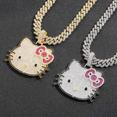 Hello Kitty Hip Hop Necklace Anime Pendant Ins Fashion Trendsetter Hip Hop Men and Women Zircon Powder Solid Necklace Cute Gift