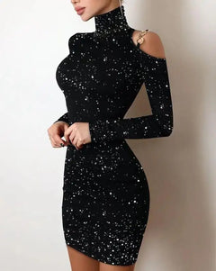 Dresses for Women 2022 Autumn Fashion Rhinestone Decor Sheer Mesh Mock Neck Plain Long Sleeve Skinny Sexy Mini Party Dress