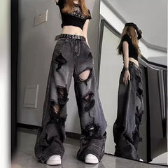 Unique Cool Ripped Jeans Women's Summer Distressed American Style Bell Bottoms Loose Fit Versatile Straight Leg Long Pants