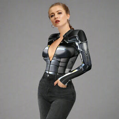 New Superhero Jumpsuit Cosplay Costume Robot Armor Zentai 3D Digital Print Women's Long Sleeve Zipper Bodysuit Halloween Party