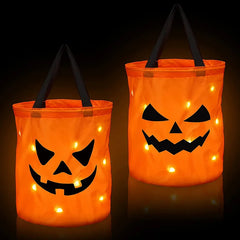 LED Light Halloween Trick Christmas Treat Bucket Pumpkin Candy Bags Collapsible Halloween Basket Thanksgiving Party Gift Basket