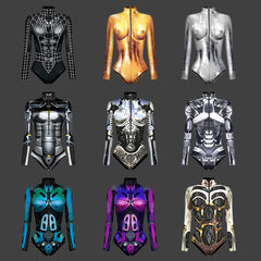 New Superhero Jumpsuit Cosplay Costume Robot Armor Zentai 3D Digital Print Women's Long Sleeve Zipper Bodysuit Halloween Party