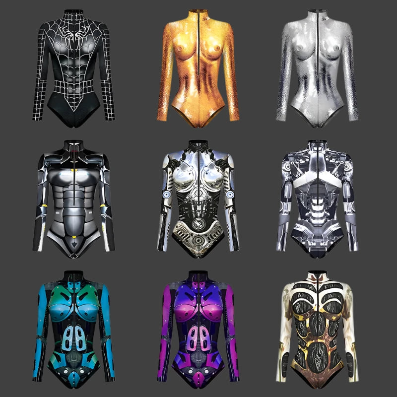 New Superhero Jumpsuit Cosplay Costume Robot Armor Zentai 3D Digital Print Women's Long Sleeve Zipper Bodysuit Halloween Party